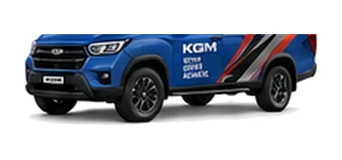 KGM Musso Saracen in blue with custom van vinyl graphics, front three-quarter view.