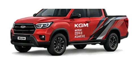 KGM Musso Saracen in red with custom van vinyl graphics, front three-quarter view.