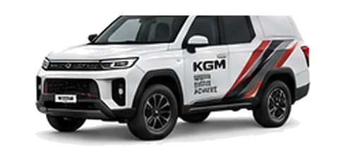 KGM Torres Commercial in white with custom van vinyl graphics, front three-quarter view.