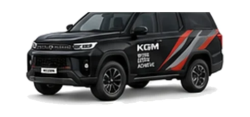 KGM Torres Commercial in black with custom van vinyl graphics, front three-quarter view.