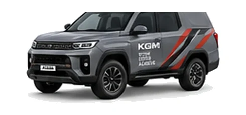 KGM Torres Commercial in grey with custom van vinyl graphics, front three-quarter view.