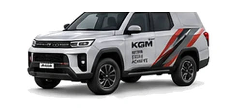 KGM Torres Commercial in silver with custom van vinyl graphics, front three-quarter view.