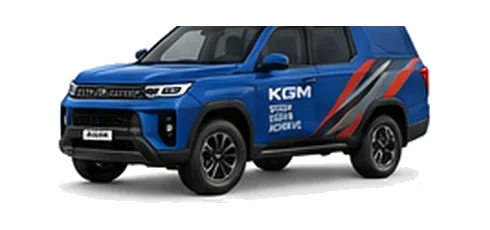 KGM Torres Commercial in blue with custom van vinyl graphics, front three-quarter view.