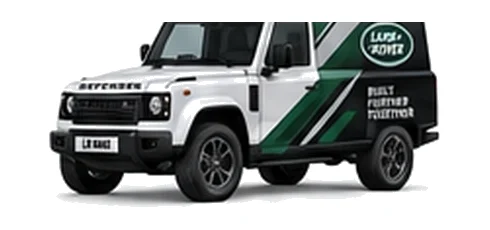 Land Rover Defender 110 Hard Top in white with custom van vinyl graphics, front three-quarter view.