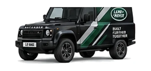 Land Rover Defender 110 Hard Top in black with custom van vinyl graphics, front three-quarter view.