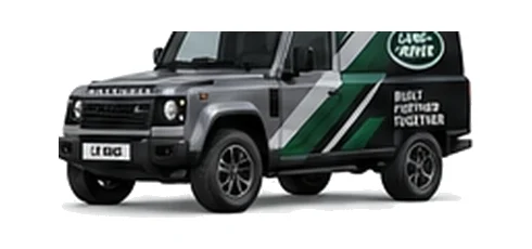 Land Rover Defender 110 Hard Top in grey with custom van vinyl graphics, front three-quarter view.