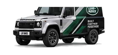 Land Rover Defender 110 Hard Top in silver with custom van vinyl graphics, front three-quarter view.
