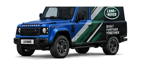 Land Rover Defender 110 Hard Top in blue with custom van vinyl graphics, front three-quarter view.