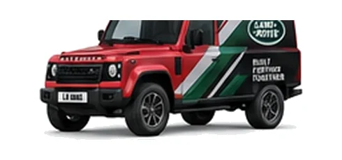 Land Rover Defender 110 Hard Top in red with custom van vinyl graphics, front three-quarter view.