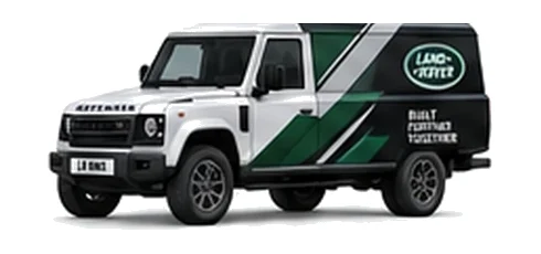 Land Rover Defender 130 Utility in white with custom van vinyl graphics, front three-quarter view.