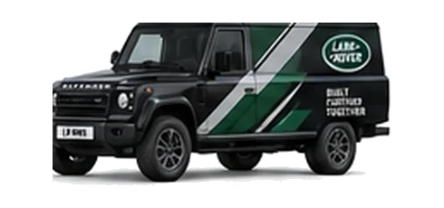 Land Rover Defender 130 Utility in black with custom van vinyl graphics, front three-quarter view.