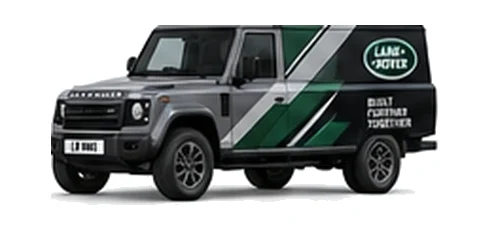 Land Rover Defender 130 Utility in grey with custom van vinyl graphics, front three-quarter view.