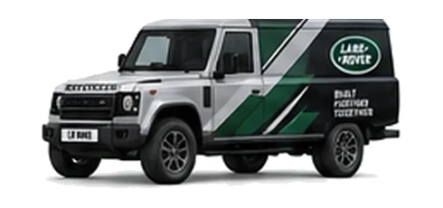 Land Rover Defender 130 Utility in silver with custom van vinyl graphics, front three-quarter view.
