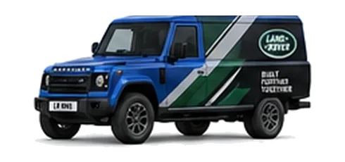 Land Rover Defender 130 Utility in blue with custom van vinyl graphics, front three-quarter view.