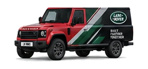 Land Rover Defender 130 Utility in red with custom van vinyl graphics, front three-quarter view.