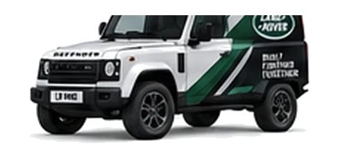 Land Rover Defender 90 Hard Top in white with custom van vinyl graphics, front three-quarter view.