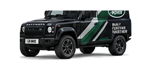 Land Rover Defender 90 Hard Top in black with custom van vinyl graphics, front three-quarter view.