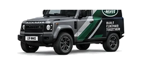 Land Rover Defender 90 Hard Top in grey with custom van vinyl graphics, front three-quarter view.
