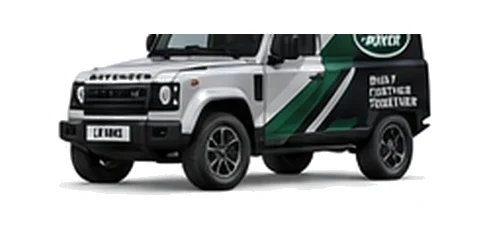 Land Rover Defender 90 Hard Top in silver with custom van vinyl graphics, front three-quarter view.