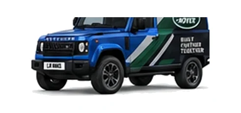 Land Rover Defender 90 Hard Top in blue with custom van vinyl graphics, front three-quarter view.