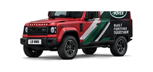 Land Rover Defender 90 Hard Top in red with custom van vinyl graphics, front three-quarter view.