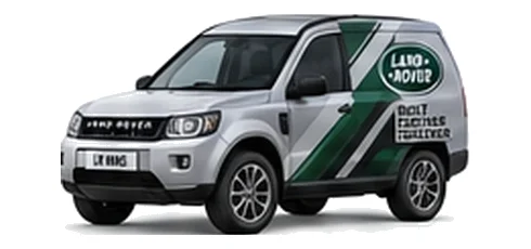 Land Rover Discovery Commercial in white with custom van vinyl graphics, front three-quarter view.
