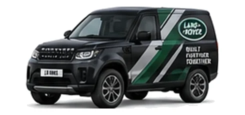 Land Rover Discovery Commercial in black with custom van vinyl graphics, front three-quarter view.