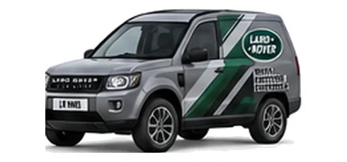 Land Rover Discovery Commercial in grey with custom van vinyl graphics, front three-quarter view.