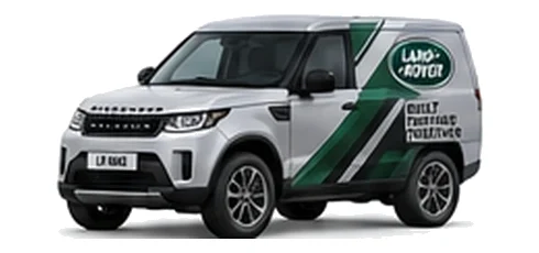 Land Rover Discovery Commercial in silver with custom van vinyl graphics, front three-quarter view.
