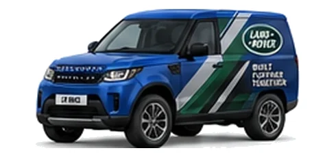 Land Rover Discovery Commercial in blue with custom van vinyl graphics, front three-quarter view.