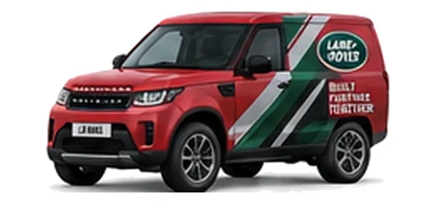 Land Rover Discovery Commercial in red with custom van vinyl graphics, front three-quarter view.