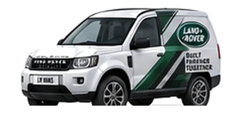 Land Rover Freelander Commercial in white with custom van vinyl graphics, front three-quarter view.