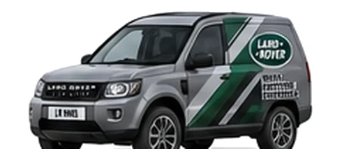 Land Rover Freelander Commercial in grey with custom van vinyl graphics, front three-quarter view.