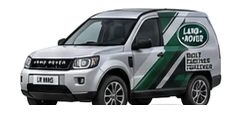 Land Rover Freelander Commercial in silver with custom van vinyl graphics, front three-quarter view.