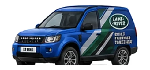Land Rover Freelander Commercial in blue with custom van vinyl graphics, front three-quarter view.