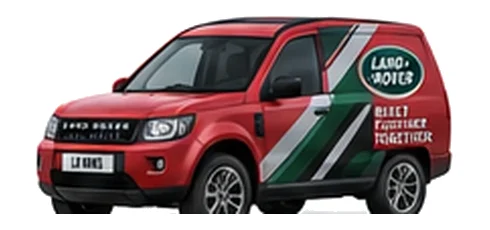 Land Rover Freelander Commercial in red with custom van vinyl graphics, front three-quarter view.