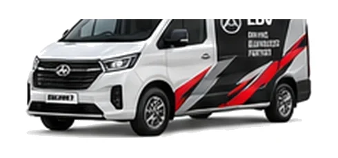 LDV Deliver 7 in white with custom van vinyl graphics, front three-quarter view.