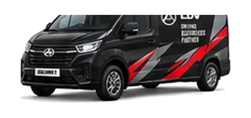 LDV Deliver 7 in black with custom van vinyl graphics, front three-quarter view.