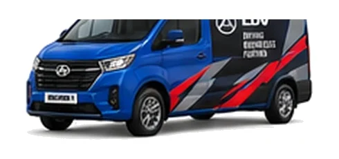 LDV Deliver 7 in blue with custom van vinyl graphics, front three-quarter view.