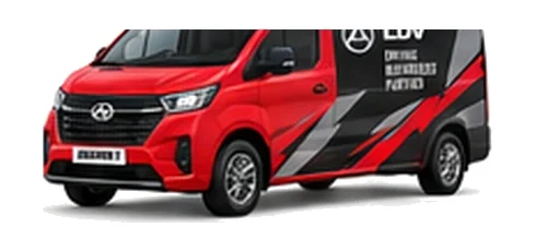 LDV Deliver 7 in red with custom van vinyl graphics, front three-quarter view.