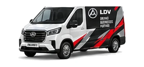 LDV Deliver 9 in white with custom van vinyl graphics, front three-quarter view.