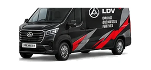 LDV Deliver 9 in black with custom van vinyl graphics, front three-quarter view.