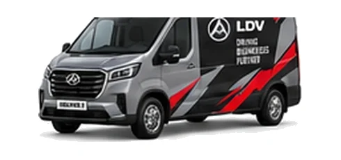 LDV Deliver 9 in grey with custom van vinyl graphics, front three-quarter view.