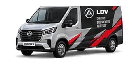 LDV Deliver 9 in silver with custom van vinyl graphics, front three-quarter view.