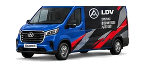 LDV Deliver 9 in blue with custom van vinyl graphics, front three-quarter view.