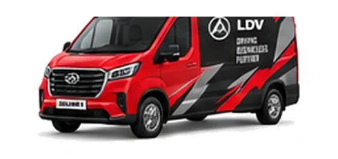 LDV Deliver 9 in red with custom van vinyl graphics, front three-quarter view.