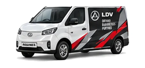 LDV eDeliver 3 in white with custom van vinyl graphics, front three-quarter view.