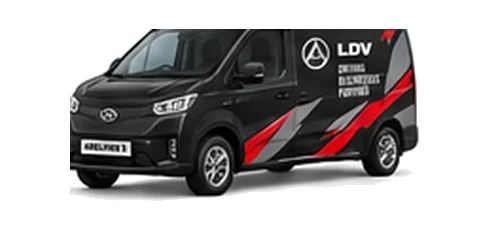 LDV eDeliver 3 in black with custom van vinyl graphics, front three-quarter view.
