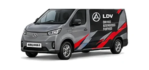 LDV eDeliver 3 in grey with custom van vinyl graphics, front three-quarter view.