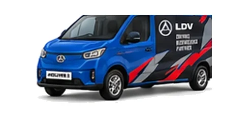 LDV eDeliver 3 in blue with custom van vinyl graphics, front three-quarter view.